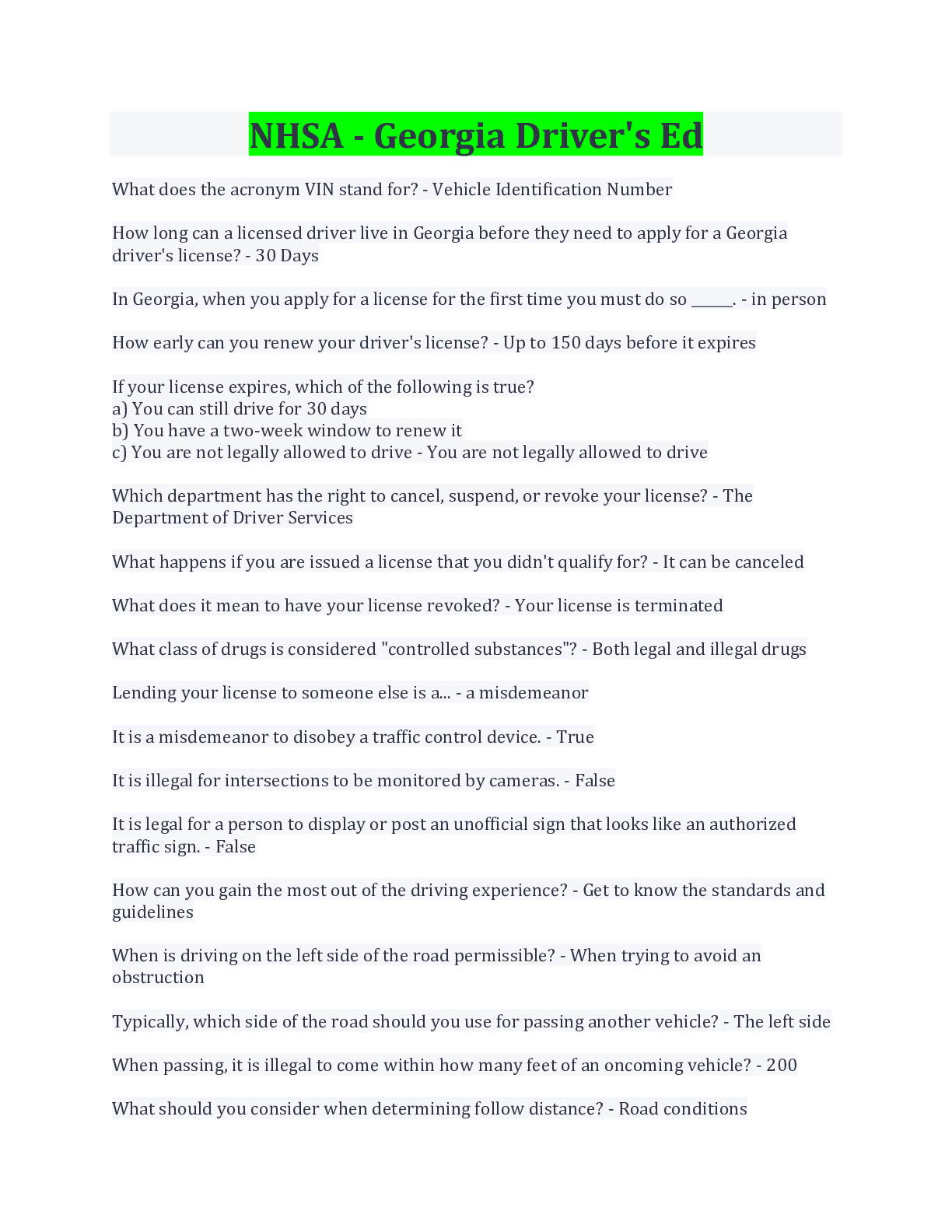 NHSA Driver's Ed Questions And Answers Browsegrades